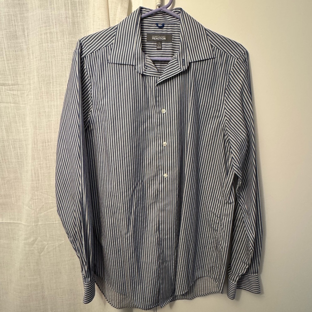 Kenneth Cole Men's Blue and White Striped Dress Shirt